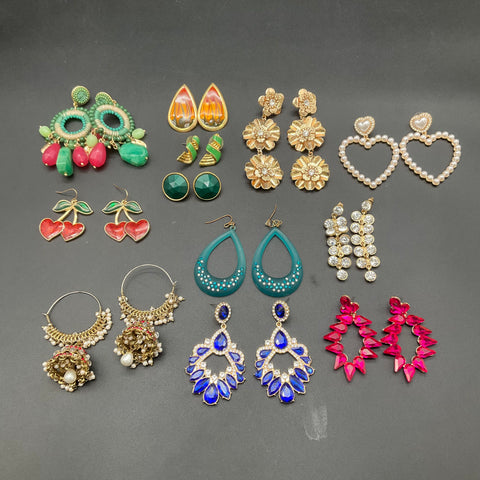 Statement Fashion Earrings Lot of 12 Gold Tone Boho Crystal Floral Beaded