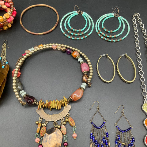 Boho Ethnic Costume Jewelry Lot 16pc Mixed Necklaces Earrings Bracelets Beads