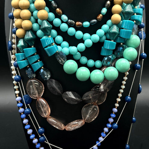 Boho Chunky Beaded Statement Jewelry Lot Multi-Strand Blue Teal Purple