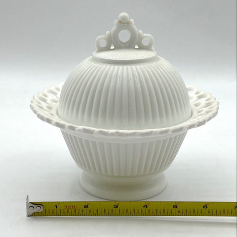 Pressed Milk Glass Lidded Candy Dish Ribbed Pattern Reticulated Rim Vintage