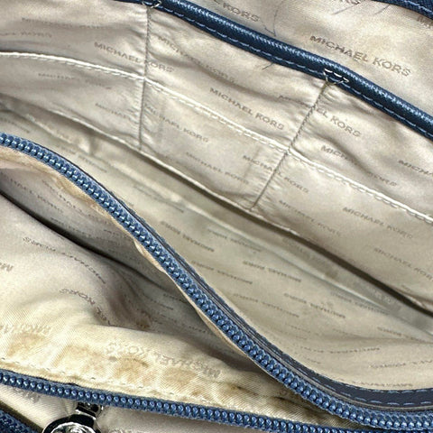 Michael Kors Navy Blue Saffiano Leather Jet Set Travel Tote Bag Silver Hardware