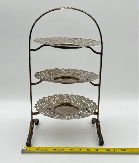 International Silver Co. Silver Plate 3-Tier Serving Stand Tray Pierced 4 Piece