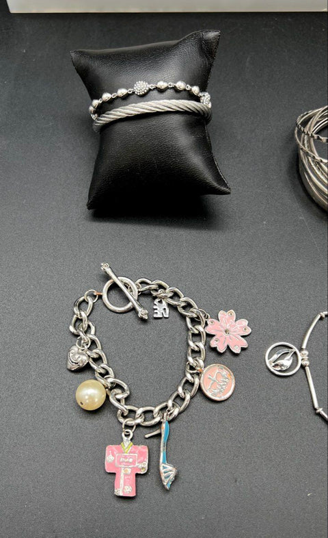 Silver Tone Fashion Jewelry Lot of 28 Bangles Charm Rhinestone Link Bracelets