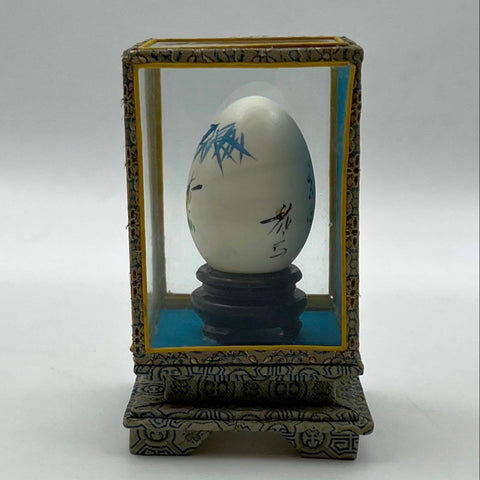Signed Chinese Hand Painted Egg Bird & Bamboo Motif 5" Glass Display Case