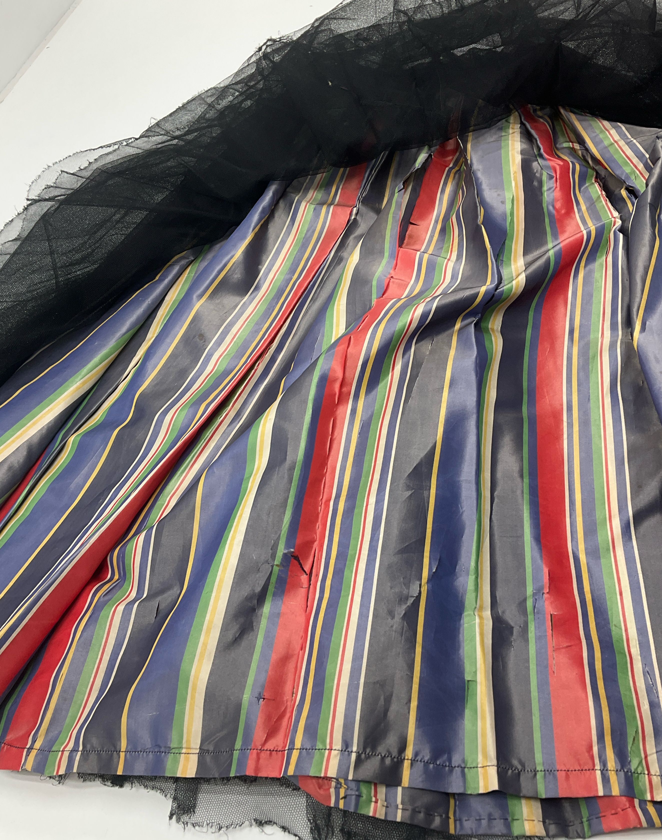 Antique Striped Taffeta & Black Double Layer Crinoline Skirt XXS Poor Condition