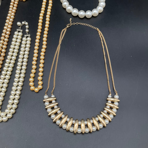 Vintage Faux Pearl Costume Jewelry Lot 12 Necklaces Bracelet Multi-Strand 1.1lb