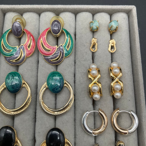 Vintage Costume Jewelry Lot of 9 Pairs Earrings Hoops Studs Enamel Faux Pearl