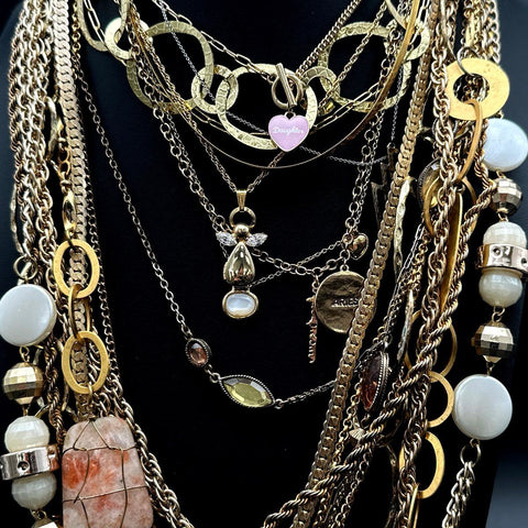 Vintage to Modern Costume Jewelry Necklace Lot Gold Tone Pendants Beaded 15+ Pc