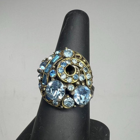 Vintage MCM Hollycraft Ring Silver Tone Blue Rhinestones *Missing Stones