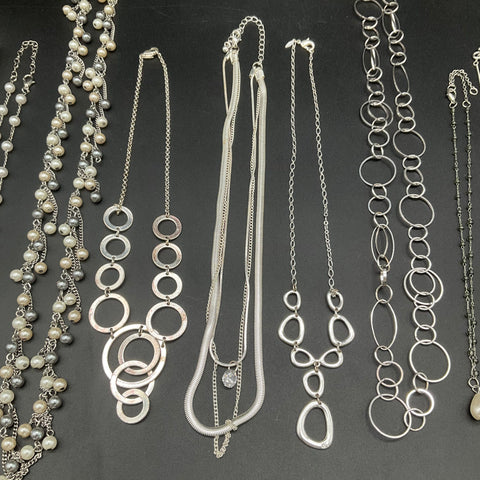 Mixed Silver Tone & Faux Pearl Costume Jewelry Lot 11 Pcs Necklaces Earrings