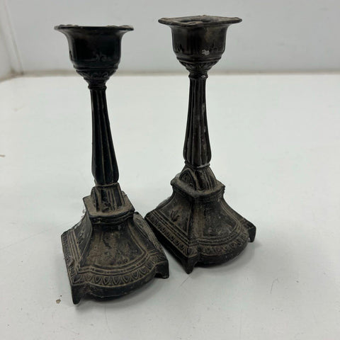 Antique Pair Victorian Cast Metal Candlestick Holders Renaissance Gothic Revival