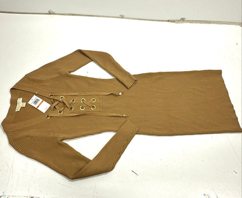 Michael Kors Women's Dark Camel Ribbed Knit Lace Up Long Sleeve Dress Sz S NWT