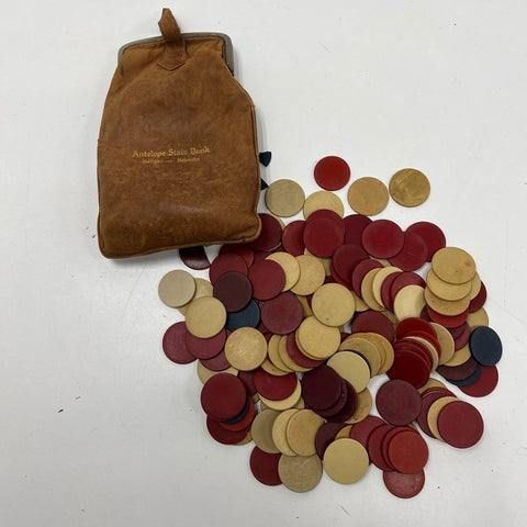 Vintage Antelope State Bank Neligh NE Suede Bag & Clay Poker Chips Shedd-Brown