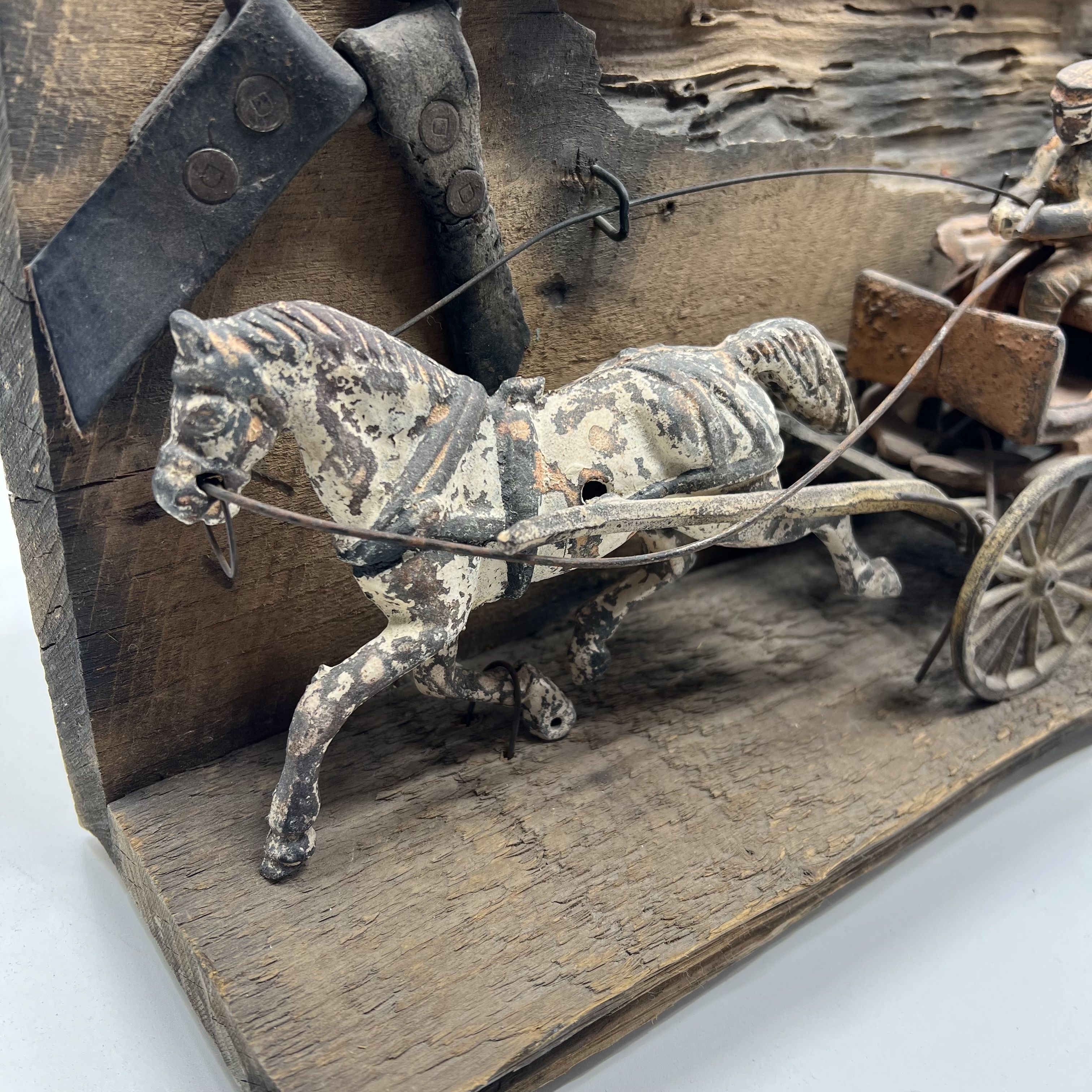 Vintage Cast Iron Police Chief Wagon Horse Primitive Folk Art Wood Display