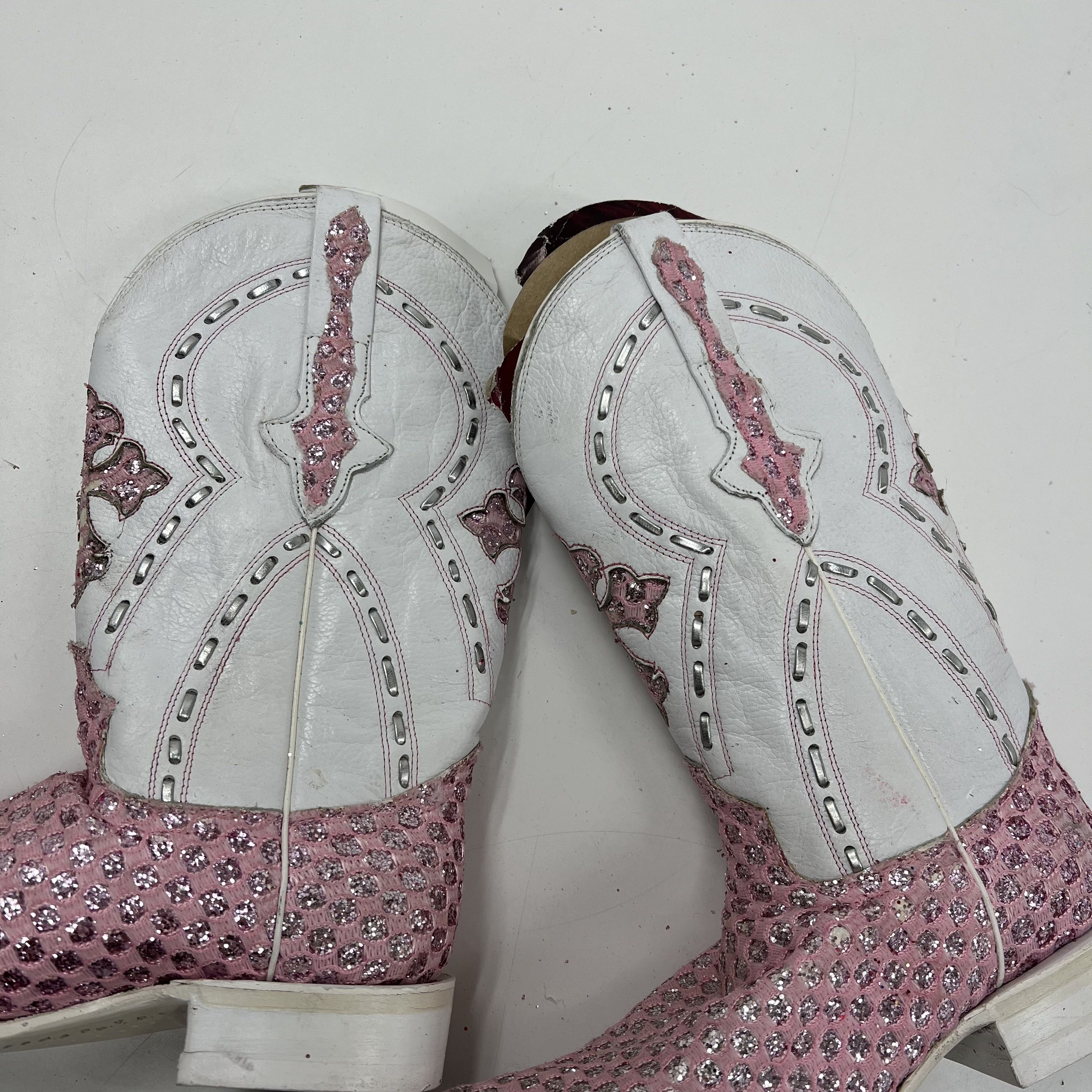 El General Pink White Glitter Cross Western Cowboy Boots Pointed Toe Size 6