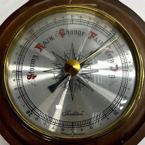 Tradition Wood Banjo Weather Station Barometer Thermometer Western Germany