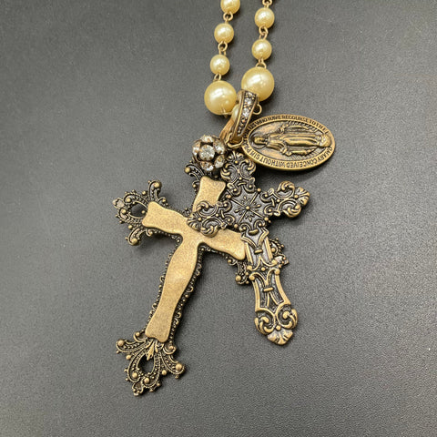 Victorian Style Faux Pearl Religious Cross Necklace & Two Stretch Bracelets Lot