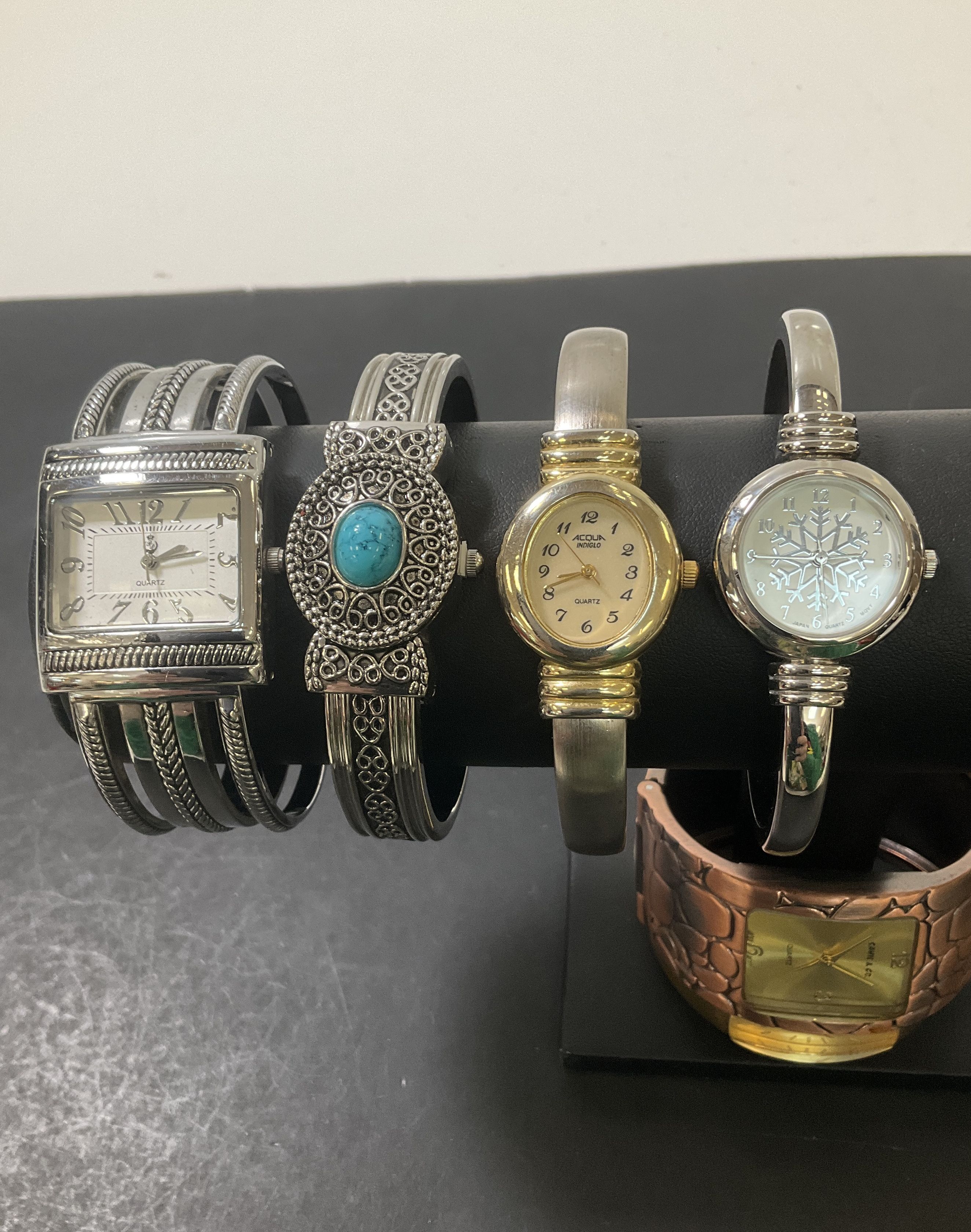 Lot of Nine Women's Cuff Watches Wristwatches Silver Tone Gold Tone UNTESTED