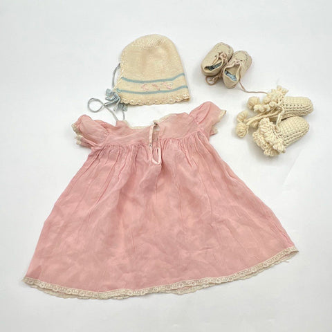 Vintage 1950s Pink Sheer Dress Bonnet Embroidered Shoes Booties 4pc Set Sz NB