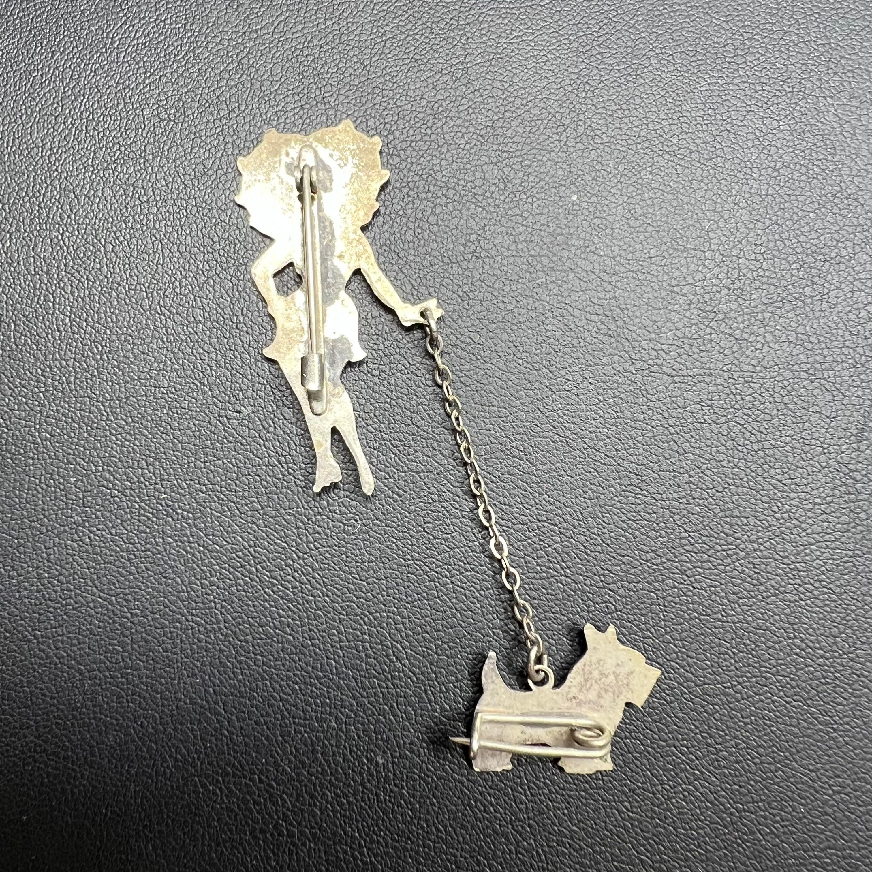 Vintage 1930s Art Deco Betty Boop Walking Scottie Dog Duette Scatter Pin Brooch