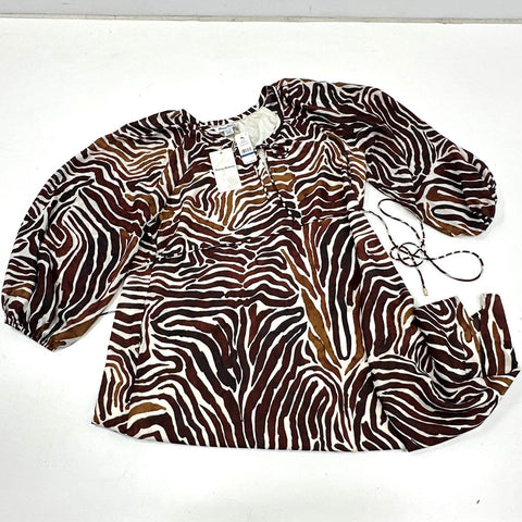 Tommy Bahama Women's Zen Zebra Midi Dress Brown White Balloon Sleeve Sz XL NWT