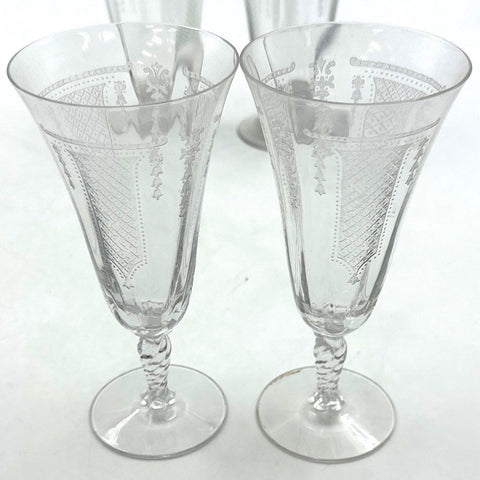 Fostoria Etched Glass 9 Piece Set Crystal Tapered Goblets Champagne Wine Vintage