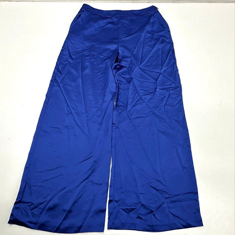 Trina Turk Women's Royal Blue Wide Leg Satin Side Zip Trousers NWT Sz 12