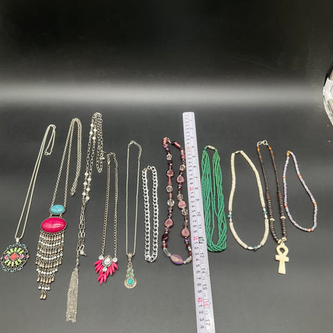 Vintage Boho Fashion Costume Jewelry Necklaces Lot of 11 Statement Beaded Silver
