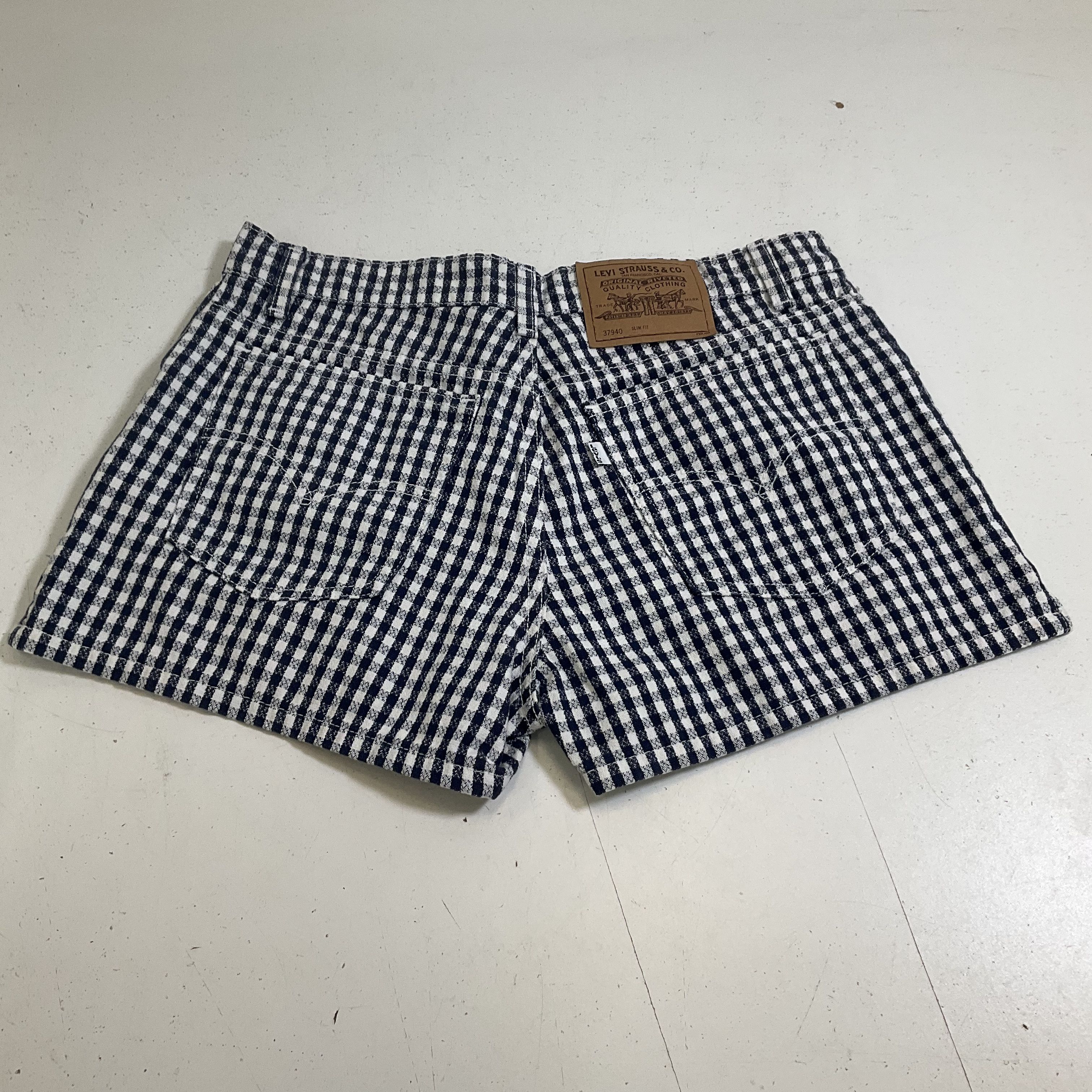 Vintage 90s Levi's 912 Navy White Gingham Check High Rise Shorts Women's 11 Jr