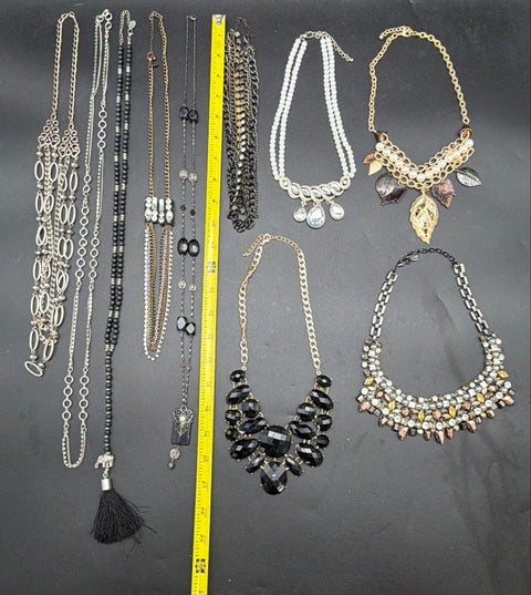 Mixed Costume Jewelry Necklace Lot of 9 Statement Bib Beaded Gold Silver Tone