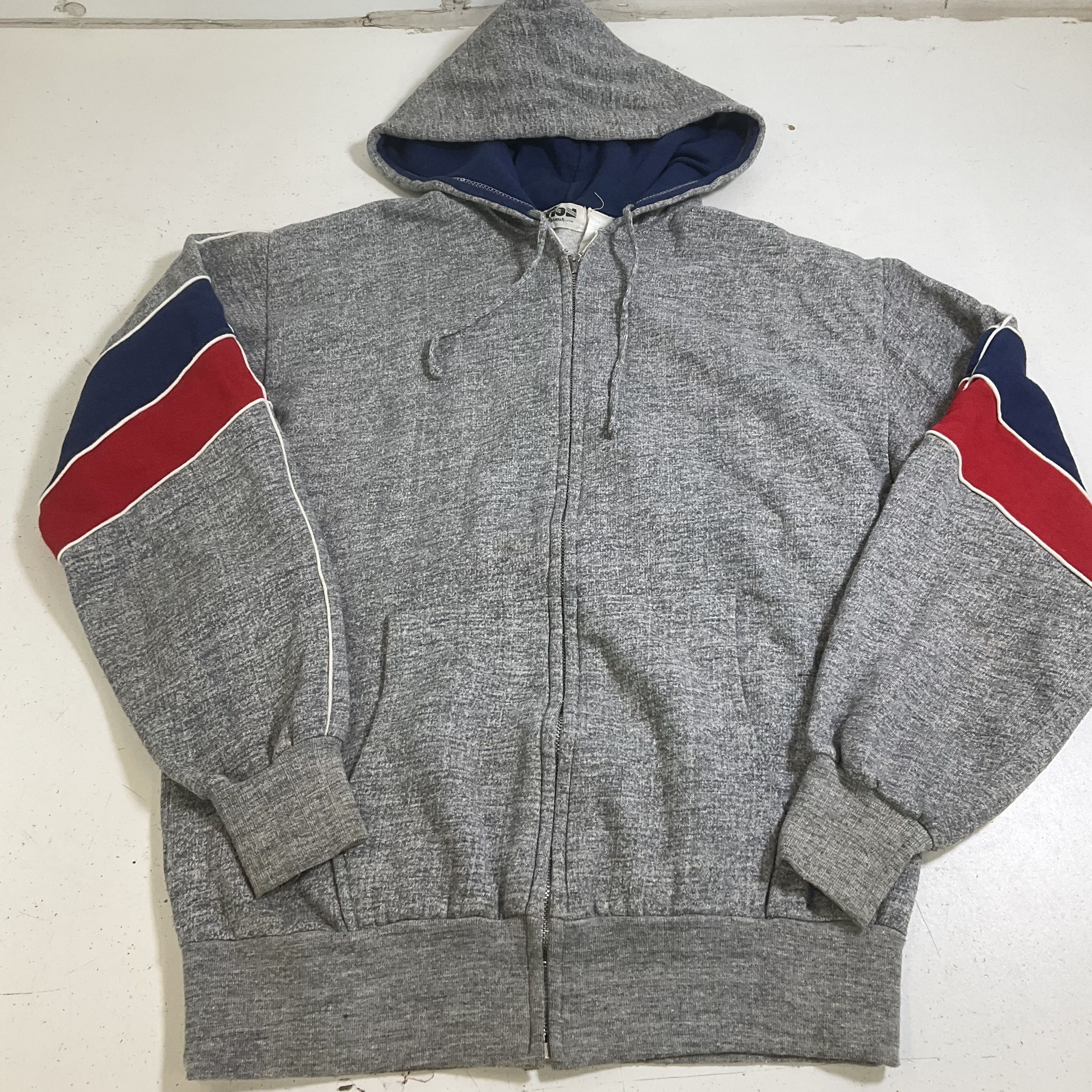 Vintage 80s Action Sportswear Gray Stripe Sleeve Full Zip Hoodie Men's Large