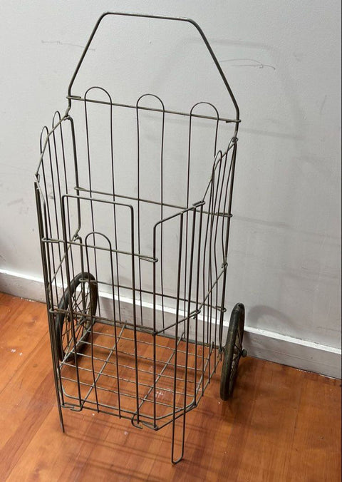Vintage 70s Metal Wire Folding Grocery Shopping Cart Spoke Wheels Farmhouse