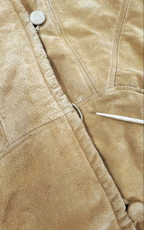 Vintage 90s Words Women's Tan Hooded Leather Suede Faux Fur Lined Coat Sz S