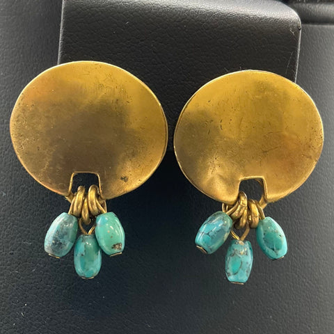 Vintage Marjorie Baer MB SF Gold Tone Turquoise Bead Clip On Dangle Earrings