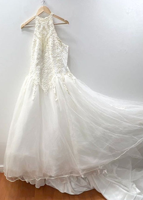 Vintage Y2K Women's White High Neck Halter Lace Beaded Wedding Dress Gown Sz 16