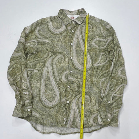 Fradi Men's Green Paisley Linen Long Sleeve Button Up Shirt Italy Sz 16.5