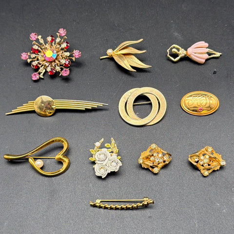 Vintage Gold Tone Costume Jewelry Brooch Lot of 10 Coro Signed Floral Ballerina