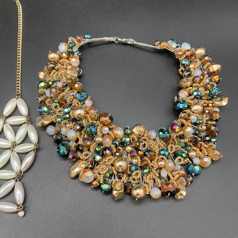 Statement Costume Jewelry Lot 4 Necklaces Bib Faux Pearl Beaded Fringe Styles