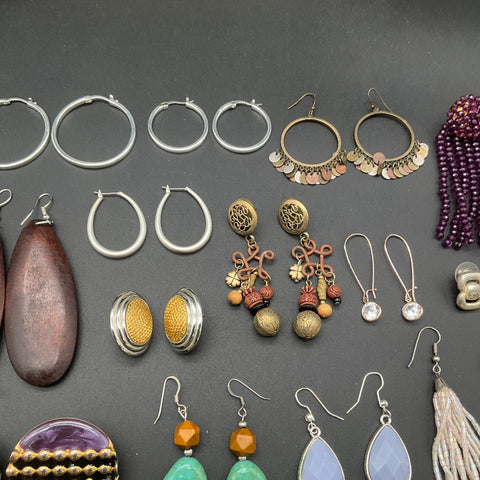Boho Retro Beaded Metal Stone Earrings Jewelry Lot of 25+ Pairs Hoops Dangles