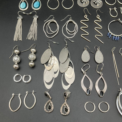 Silver Tone Earrings Lot of 38 Pairs Hoops Dangles Studs Vintage to Modern