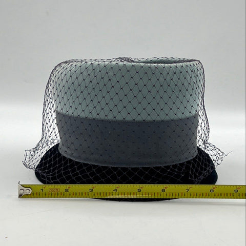 Vintage 60s Pillbox Hat with Veil Union Made Blue Gray Velvet 8" Diameter