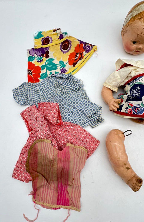 Antique Composition Baby Doll Lot For Repair Restoration With Vintage Clothes