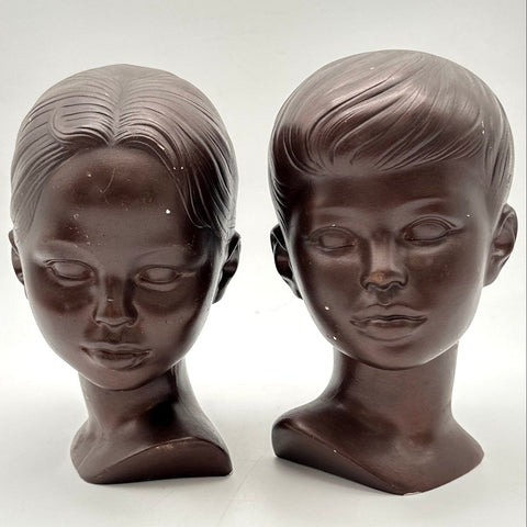 Vintage Holland Mold Ceramic Bust Heads Boy and Girl Pair Dark Brown 9 Inch