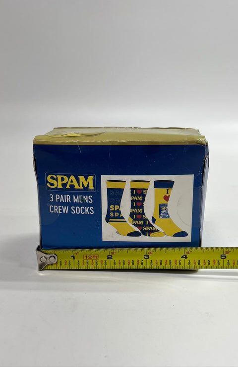 SPAM Men's 3 Pair Crew Socks Blue Yellow Novelty Food Logo New in Box Sz 10-13