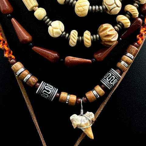 Boho Tribal Costume Jewelry Lot 10 Necklaces Wood Bone Shark Tooth Earthy Tone