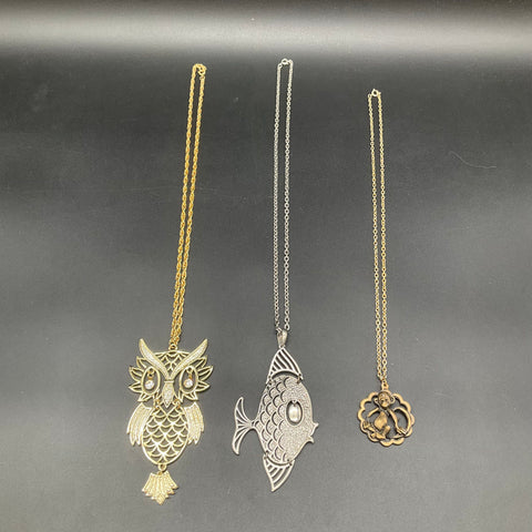 Vintage Animal Costume Jewelry Lot of 3 Owl Fish Monkey Pendants Necklaces