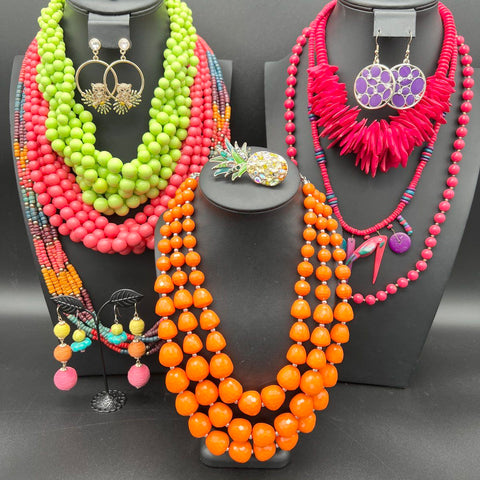 12pc Chunky Statement Jewelry Lot Tropical Beaded Necklaces Earrings Brooch