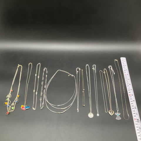 Vintage to Modern Costume Jewelry Lot 14 Necklaces Silver Tone Angel Heart