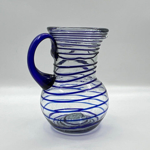 Hand Blown Art Glass Set Cobalt Blue Spiral Wrap Pitcher and 6 Tumblers Vintage