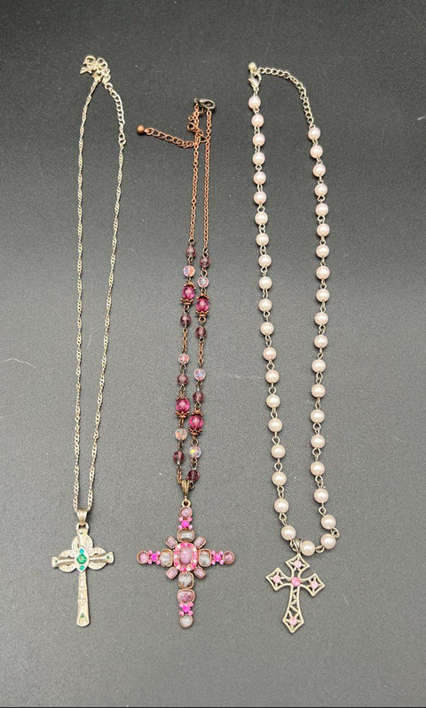 Lot of 6 Rhinestone Cross Pendant Necklaces Gothic Y2K Beaded Ribbon Choker